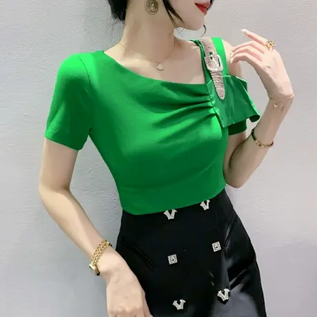 性感露肩上衣女短袖2023夏季新款欧货设计感斜领T恤修身百搭小衫商品大图
