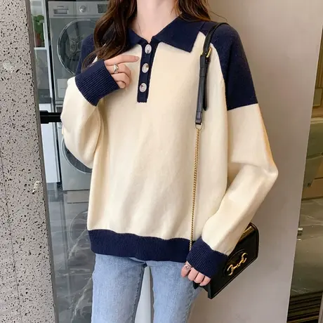 polo领法式复古拼色毛衣软糯宽松2023年秋季新款针织打底衫洋气女商品大图