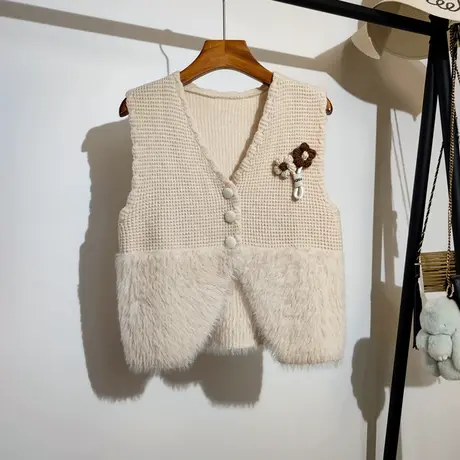 针织马甲开衫女秋冬新款韩系v领叠穿设计感小众花朵毛衣背心外穿商品大图