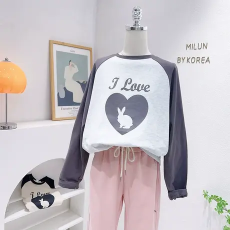 2023春季新款长袖上衣韩国东大门ins爱心兔子复古插肩袖T恤打底衫商品大图