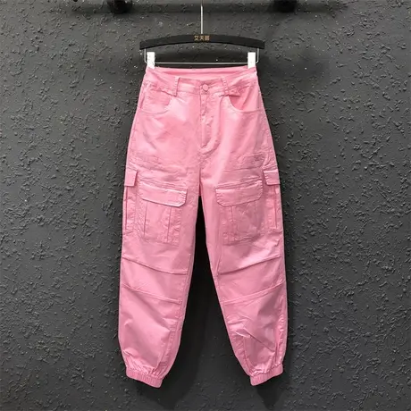 欧洲站粉色俏皮工装裤长裤女2023春夏新款薄款高腰显瘦休闲哈伦裤图片