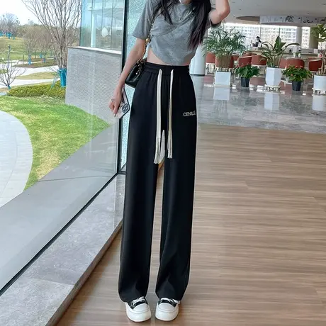 冰丝阔腿裤女春季2023年薄款高腰垂感直筒宽松显瘦抽绳休闲拖地裤商品大图