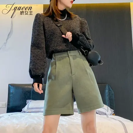 高腰毛呢短裤女秋季复古时尚百搭休闲加厚中裤港味五分显瘦靴裤潮图片
