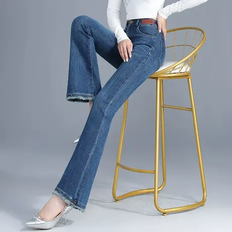 牛仔微喇裤女秋季2023新款高腰时尚毛边马蹄裤弹力收腹韩版喇叭裤商品大图