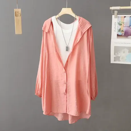 夏季连帽防晒衫外套女长款宽松大码2023新款户外防晒衣衬衫女长袖商品大图