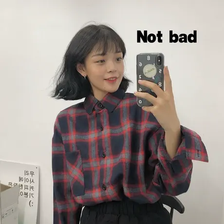红续春秋新款韩版复古港味格子宽松学院风百搭长袖衬衣衬衫女外套商品大图