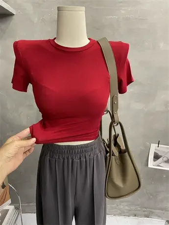 自制~Q弹紧身短袖T恤打底外穿辣妹高腰短款上衣显瘦春夏新品2022图片
