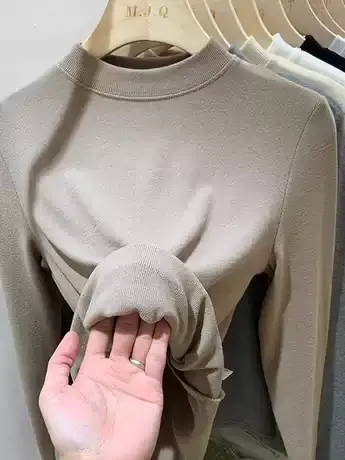 秋冬磨毛加厚半高领打底衫女纯色螺纹针织内搭长袖T恤小立领上衣商品大图