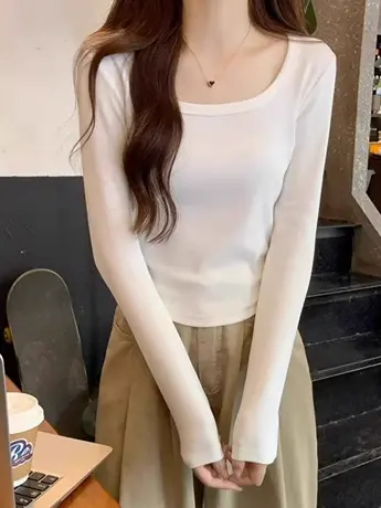 纯欲方领长袖t恤女2023新款秋冬季小众设计感辣妹修身短款上衣服商品大图