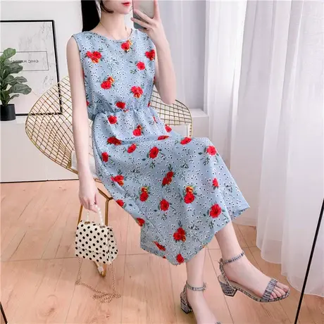 夏季雪纺连衣裙海边度假长裙海南三亚中年妈妈减龄红色短袖沙滩裙商品大图