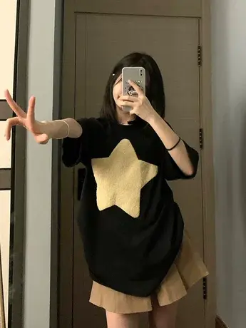 重磅纯棉短袖t恤女圆领宽松小众设计感oversize美式复古上衣春夏商品大图