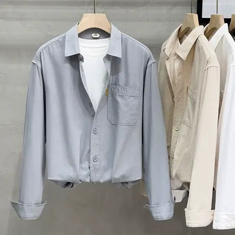 文艺纯棉衬衣2023秋冬季新款男士长袖衬衫净色日系休闲男上衣外套商品大图