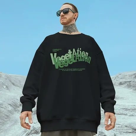 oversize港风圆领卫衣男潮牌ins简约字母大码男装秋冬款加绒加厚商品大图