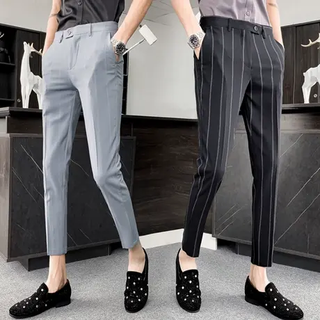 西装裤男夏季薄款韩版冰丝九分裤男士英伦风修身小脚条纹休闲裤潮商品大图