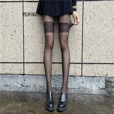 大腿蕾丝菱格连裤袜子薄款提花黑丝袜女性感网红ins潮黑色打底袜商品大图