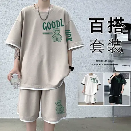 新款套装男夏季潮牌ins短袖T恤宽松短裤家居服睡衣休闲运动两件套商品大图