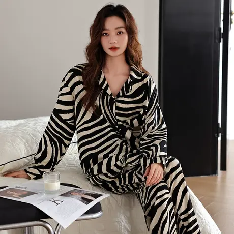 婷美新款纯棉睡衣女士春秋季轻奢简约休闲长袖外穿秋冬家居服套装商品大图