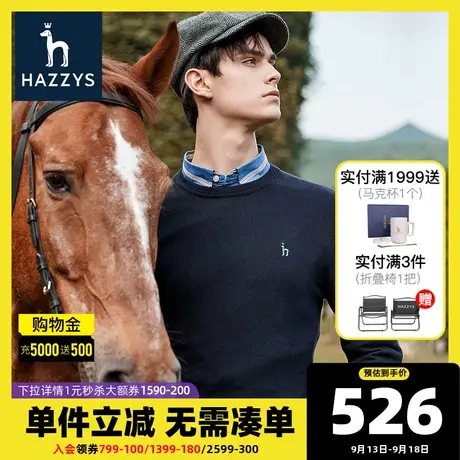 Hazzys哈吉斯官方男士套头毛衫秋冬圆领毛衣宽松休闲罗纹针织衫男商品大图