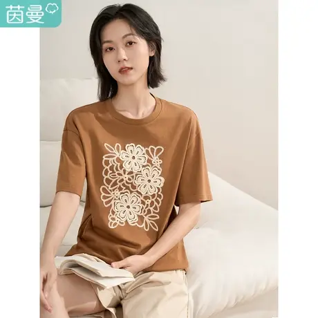 【商场同款】茵曼2023春季女装新款百搭纯棉宽松圆领绣花短袖T恤图片