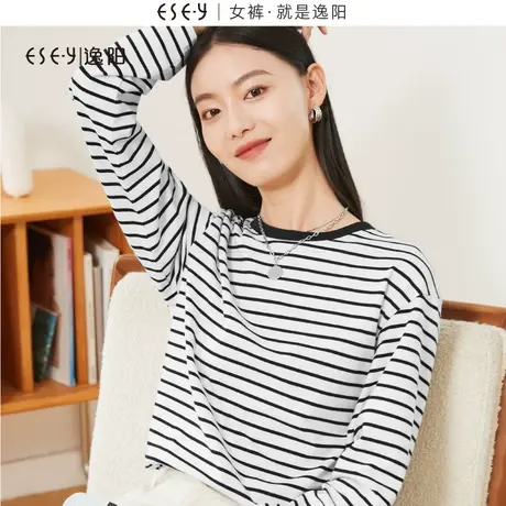 逸阳圆领黑白条长袖t恤女2023秋新款棉弹休闲宽松显瘦打底衫上衣图片
