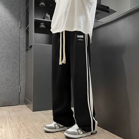 美式休闲裤男夏季新款宽松垂感阔腿卫裤男士春秋潮流条纹运动长裤商品大图