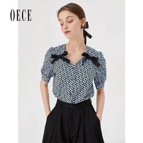 Oece复古设计感上衣2022夏装新款女装碎花甜美V领气质短袖衬衫图片