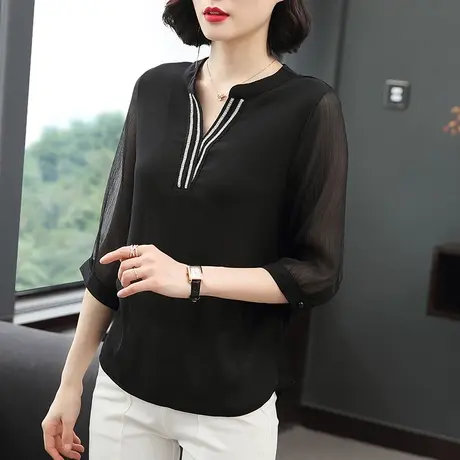 中袖雪纺衫女春夏装2023新款上衣高端小衫洋气v领大码遮肚子胖mm商品大图