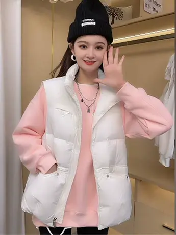 羽绒棉马甲女短款2023外穿欧洲站立领宽松棉背心铆钉马夹外套女潮商品大图