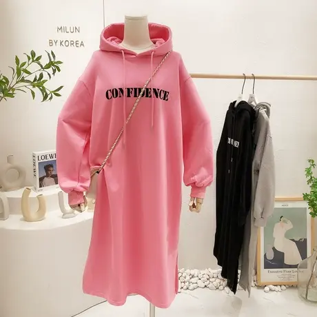 韩国东大门连衣裙2022春秋新款字母百搭毛圈棉连帽卫衣裙大码欧货商品大图