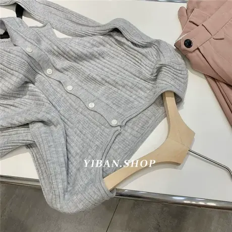 2023秋季新款韩版修身显瘦针织开衫女设计感小众木耳边打底衫上衣图片