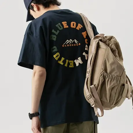 男生藏青色纯棉t恤男短袖潮牌夏季男装2023新款衣服印花体恤上衣商品大图