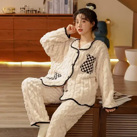 珊瑚绒睡衣女2023新款秋冬加绒加厚冬款拉链法兰绒冬季家居服套装图片
