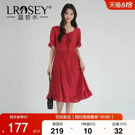 蓝若水大码女装2025夏新款胖MM红色连衣裙高腰方领气质减龄中长裙图片