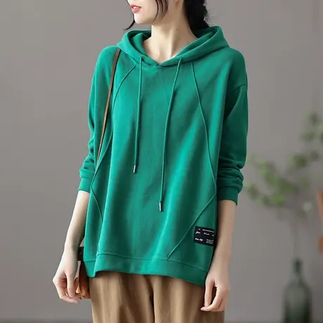 dza 复古全棉纯色连帽短款卫衣女士2023新款上衣春秋休闲长袖外套图片