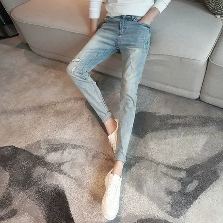 2023秋冬新款修身小脚破洞裤显瘦个性刮烂牛仔长裤男潮青年铅笔裤商品大图