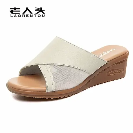 老人头头层牛皮拖鞋女夏外穿平底坡跟凉拖鞋新款真皮一字拖女鞋子商品大图
