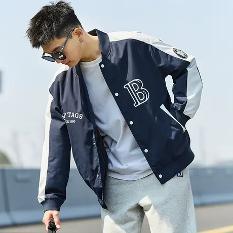 唐狮夹克外套男棒球服春秋季新款拼接休闲美式运动棒球领夹克男图片