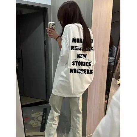 美式复古小众字母设计感100%纯棉短袖t恤女夏季oversize休闲上衣图片