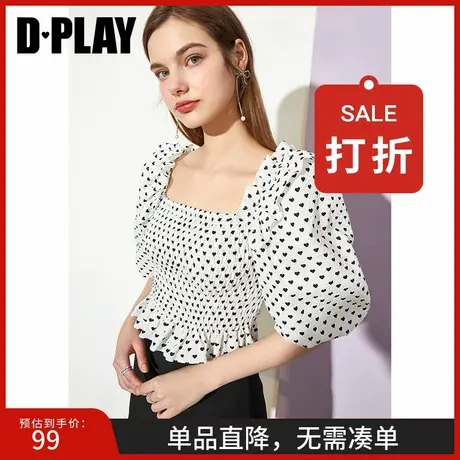 DPLAY德帕拉秋季新款复古法式方型领上衣甜美小爱心印花小衫图片