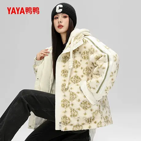 鸭鸭羽绒服女士2024秋冬新品假两件时尚印花软糯宽松保暖鸭绒外套商品大图