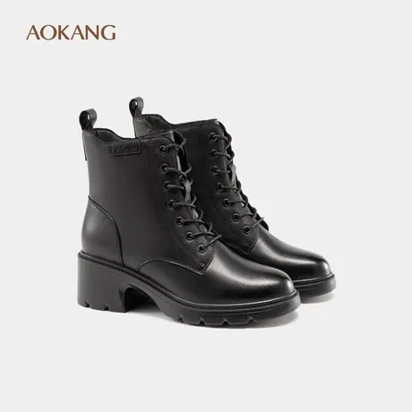 奥康女鞋冬季真皮加绒保暖时装靴粗跟系带经典百搭马丁靴图片