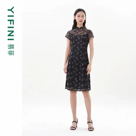 [专柜同款]Yifini/易菲 旗开得胜 国风新中式旗袍裙蕾丝连衣裙商品大图