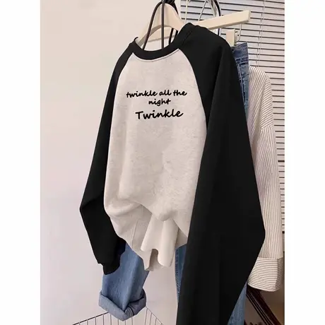 加绒撞色拼接插肩袖卫衣女ins独特超好看单穿上衣内搭情侣打底衫商品大图