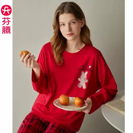芬腾女士睡衣春秋季纯棉长袖套装红色卡通休闲格子宽松全棉家居服商品大图
