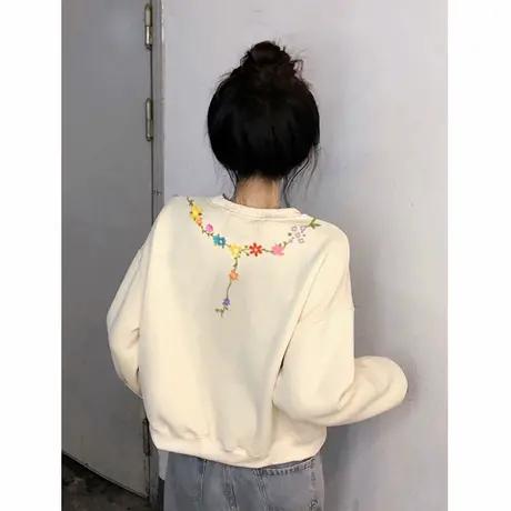 美式卫衣女宽松短款小个子2025早秋爆款薄款杏色卡通印花洋气外套商品大图