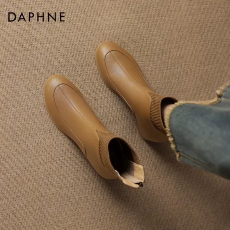 达芙妮复古气质短靴女2026冬季新款针织拼接瘦瘦靴粗跟棕色马丁靴图片