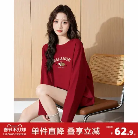 唐狮冬季新款女长袖T恤纯棉红色设计感新年款宽松洋气别致pc图片