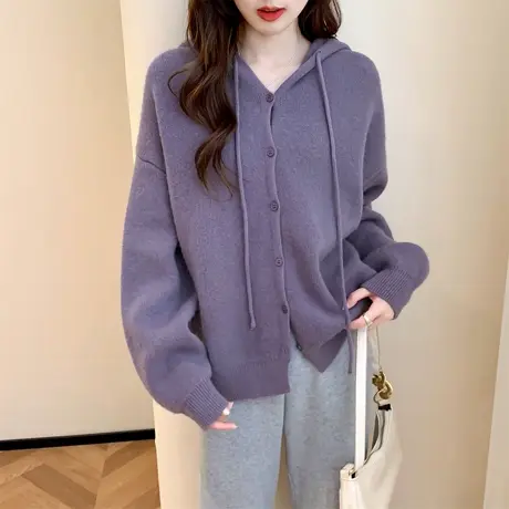唐狮秋冬季女毛衣休闲风纽扣设计连帽开衫设计日常百搭毛线衫tu图片