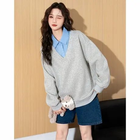 唐狮秋季新款卫衣女V领假两件衬衫领设计感百搭休闲潮流上衣TM商品大图