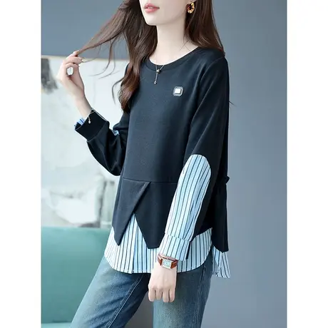 宝诗黎圆领条纹拼接假两件上衣女宽松2023早秋新款设计感长袖卫衣商品大图